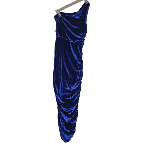 Blue Velvet Bandeau Maxi Dress One Shoulder Size Small Ruch Red Carpet Glam - Picture 9 of 14